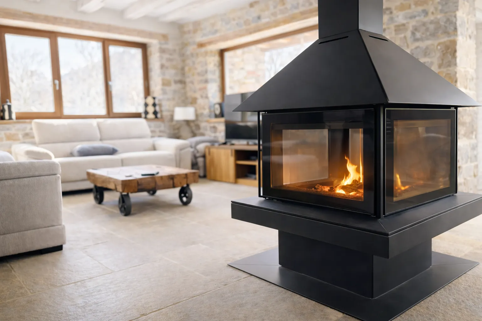 Chimenea central en el salón de Cumbres de Lores, casa rural en la Montaña Palentina